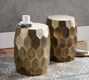 Modern Cylindrical Brass <b>Side</b> <b>Table</b> Honeycomb Design Sculptural Metal Accent Antique <b>Gold</b> Finish Fully Assembled Luxury Living - Product Image 4