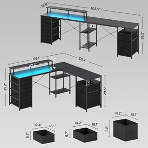 66\" Distressed Black Reversible L Shaped Computer Desk <b>Corner</b> Desk with File Drawer Power Outlets <b>LED</b> <b>Lights</b> for Laptop Use - Product Image 3