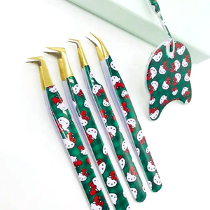 Premium Hello Kitty Eyelash Tweezers Set Green Pattern Toothed Tip <b>Precision</b> Stainless Steel Lash Extension <b>Tools</b> High Quality - Product Image 1