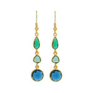 Multi Gemstone Flower Bohemian Dangle <b>Hook</b> <b>Earrings</b> | Emerald Quartz Apatite London Blue Topaz Checker Cut 18K Gold Plated - Product Image 2
