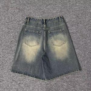 Pantalones Cortos de Mezclilla de Doble Cintura Estilo Streetwear Personalizados OEM, Desgastados, Lavado Ácido, Vintage, con Parches, Jorts, Jeans Cortos con Efecto Descolorido por el Sol para Hombre - Product Image 4