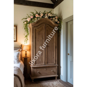 Armoire élégante en bois massif artisanal à 2 portes avec tiroir de rangement, finition rustique en pin naturel - Product Image 5