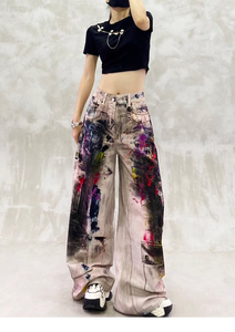 Jean baggy droit pour femme, motif éclaboussures de peinture, graphique artistique, cargo, style Y2K, streetwear oversize, été, devant plat, respirant, délavé - Product Image 1