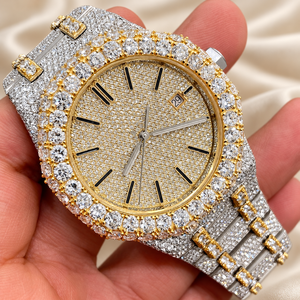 Montre de luxe Raj Gems en moissanite, verre 41 mm, ton or, mouvement à quartz analogique, bracelet en acier inoxydable, unisexe, 20 mm, étanche - Product Image 5
