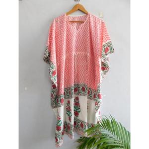 Handmade 100% Cotton Block Print Maxi Kaftan Dress Boho <b>Beach</b> Cover Batwing Sleeve V-neck Loose <b>Tunic</b> Eco-Friendly Breathable - Product Image 5