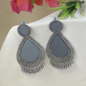 <b>Silver</b> Oxidised Teardrop <b>Drop</b> <b>Earrings</b> with Natural Stone and Pearl Accents - Product Image 4