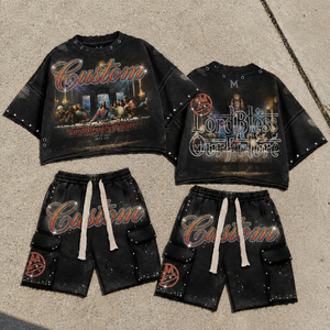 Ensemble de t-shirt sans manches à imprimé graphique et short en jean pour homme, finition vintage délavée, détail clouté, chaîne décorative, streetwear, ensemble deux pièces - Product Image 5