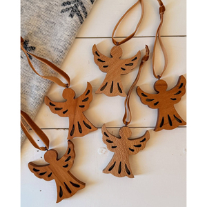 Wooden Angel Christmas Ornaments Handcrafted Traditional Decorations with <b>Leather</b> <b>String</b> - Product Image 1