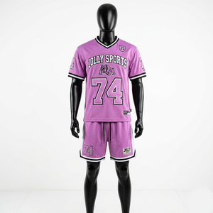 Mens Football Jersey Short <b>Set</b> GSM Quick Dry Mesh Fabric Pink Black Panel Custom Logo Uniform Football jersey short <b>set</b> for men' - Product Image 1