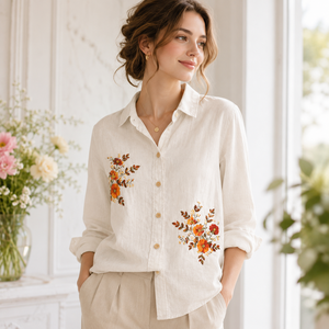 <b>Women</b> Premium White Cotton <b>Shirt</b> Orange Floral Embroidery Full Sleeve Button Down Casual <b>Dress</b> Blouse for B2B Buyers - Product Image 1