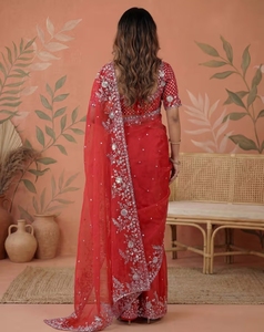 KV <b>Red</b> Embellished Sequined Organza Saree With Unstitched <b>Blouse</b> - Product Image 5