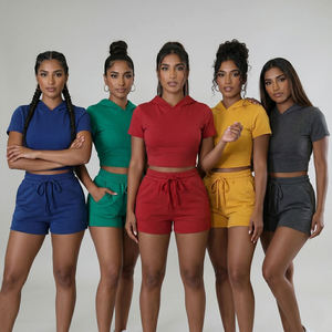 Conjunto de Dos Piezas para Mujer, Top Corto con Capucha de Manga Corta Rosa Sólido y Pantalones Cortos con Cordón, Ropa al por Mayor OEM ODM - Product Image 6