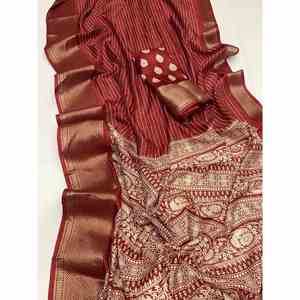 ÚLTIMO MOLINO DE SEDA DE DOLA ESTAMPADO JACQUARD TRABAJO SAREE CON BLUSA DESCOSADA MAROON - Product Image 1