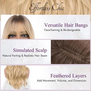 Parrucca Ombre Bionda Stratificata da 20 Pollici con Frangia, Capelli Sintetici Morbidi e Ondulati per Donne, Aspetto Naturale con Radici Scure per Stile Ombre - Product Image 4