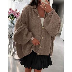 Suéter Cárdigan de Punto Grueso con Botones para Mujer, Estilo Moderno para Otoño/Invierno, Cuello Alto, Manga Larga, Estilo Linterna - Product Image 4