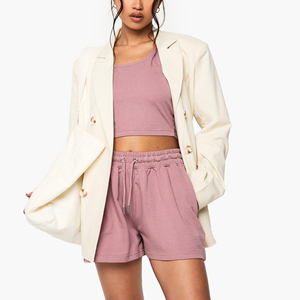 Heavy Cotton Jersey Fabric Custom Screen Printed Logo Solid Design High Street Women's 2-Piece Sleeveless Crop top Short <b>Set</b> - Product Image 5