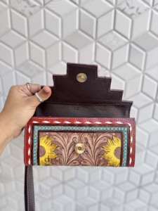 Cartera de Cuero Repujado a Mano Estilo Occidental, Cartera Repujada a Mano con Diseño de Girasol, Estuche para Teléfono, Bolso de Mano para Mujer, Multiusos - Product Image 3