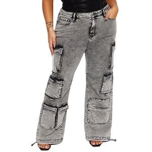 Jean cargo taille haute pour femme grande taille, coupe ample, longueur intégrale, en coton délavé, style décontracté avec plusieurs poches - Product Image 1