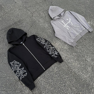 Hooded Streetwear Tracksuit Set White Logo Print Full-Length Sweatpants <b>Zip</b>-<b>Up</b> <b>Jacket</b> Windproof Casual Wear for Adults Autumn - Product Image 3
