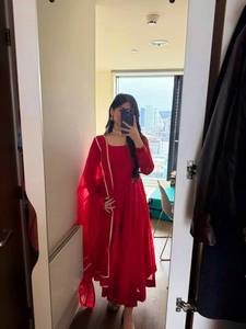 Salwar Kameez Rojo de Algodón para Mujer, Largo hasta el Tobillo, Corte Holgado, Traje Étnico Tradicional, Ropa Festiva para Bodas, Estilo India Pakistán - Product Image 2