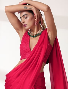 KV Ruby <b>Red</b> Chiffon Bollywood Style Saree With Unstitched <b>Blouse</b> - Product Image 2