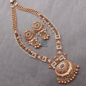 Neesha Antique Gold Long <b>Necklace</b> & <b>Earring</b> <b>Set</b> with Zircon <b>and</b> Pearl for <b>Bridal</b> Wedding Festival - Product Image 3