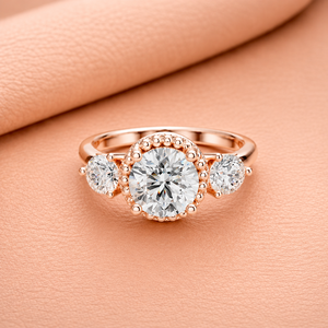Anillo de compromiso de lujo de oro rosa con halo de perlas y tres piedras de moissanita, con diseño de tallo dividido, joyería fina nupcial, regalo para mujer - Product Image 1