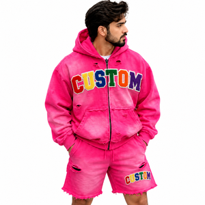 Ensembles deux pièces en molleton lavé pour hommes, brodés, rose, effet couleur personnalisée, effet vieilli, avec sweat à capuche zippé 100% et survêtements pour femmes, vente en gros - Product Image 1
