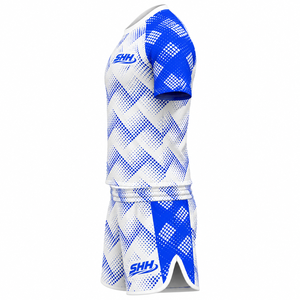 Ensemble d'entraînement Muay Thai personnalisé bleu et blanc, sublimé, en polyester/coton, séchage rapide, respirant, anti-humidité, avec empiècements avant - Product Image 4