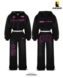 Custom Royal Blue Cropped Hoodie Set | Women <b>Zip</b> <b>Up</b> Tracksuit | OEM Wide Leg Joggers & Hooded Sweatshirt Streetwear Manufacturer - Product Image 3