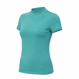 T-shirt ajusté moderne pour femme en jersey de coton côtelé doux, col montant, manches courtes, vert aqua personnalisable - Product Image 3
