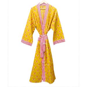 Robe kimono pour femmes 100% coton, longueur intégrale, col en V, imprimé géométrique jaune, vêtements de nuit décontractés, fermeture à ceinture, respirante, séchage rapide - Product Image 4