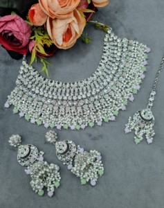 Royal Cubic Zirconia Choker Necklace Set with Mang tika & Earrings Rhodium Plated Jewellery Set Wedding Reception Wear Jewellery - Product Image 4