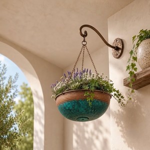 Moradaband Art Metal Ware – Pots de fleurs suspendus en fer durable, émaillés bleu sarcelle, minimalistes, circulaires, bicolores, pour l'extérieur - Product Image 4