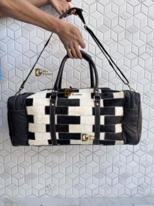 High Quality 2026 Cowhide Fur <b>Leather</b> Luggage <b>Bags</b> Checks Design Handmade <b>Bag</b> Unisex Travel <b>Bag</b> Multi Uses Big Size Duffel <b>Bag</b> - Product Image 2