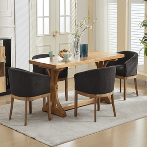 Mid Century Modern Barrel Dining Chairs with Arms Farmhouse Linen & Natural Hardwood for Kitchen & Dining Room - Product Image 6