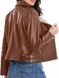 Veste moto en cuir PU marron tricoté, écologique, manches longues, col montant, fermeture éclair, coupe classique, style automne/hiver - Product Image 2