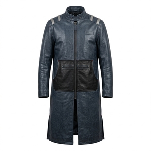 Abrigo de cuero genuino para hombre Steel Blue con bolsillo canguro negro, tira plateada en el hombro y cuello alto, venta al por mayor - Product Image 1