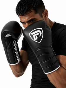 Guantes de Boxeo Dumela International Personalizados de Cuero Negro con Cordones Blancos y Logotipo, Alta Calidad, Verticales, Profesionales, Portátiles - Product Image 2