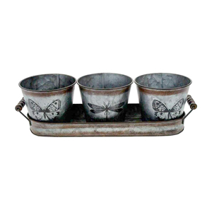 Nouvel ensemble de pots à fleurs rustiques en métal galvanisé avec plateau pour la décoration intérieure et extérieure du jardin, taille et forme personnalisables - Product Image 3