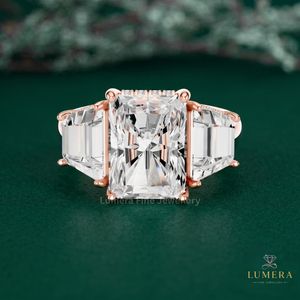 Bold Radiant Cut Diamond <b>Statement</b> <b>Ring</b> With Trapezoid Side Stones, Three Stone Design, Hidden Halo Solid Gold Band Ladies <b>Ring</b> - Product Image 2