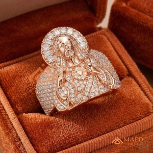<b>Men</b>’s Rose Gold Finish Heart of Jesus Medallion <b>Ring</b> – Detailed 3D Christ Portrait with Baguette & Pave Iced Out Hip Hop - Product Image 2