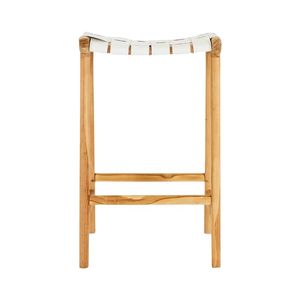 Taburete de bar con asiento de cuero tejido y patas de madera, sillas de comedor de altura de barra de madera de teca para bar, restaurante, cafetería, muebles de exterior. - Product Image 1