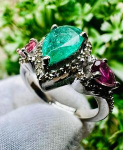 Vintage 925 <b>Silver</b> Brilliant Cut <b>Emerald</b> Cocktail <b>Ring</b> Pink Gemstones Prong Setting Rhodium Plated Minimalist Women's Jewelry - Product Image 2