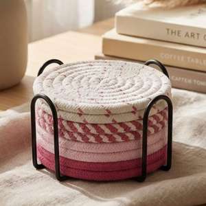 Ensemble de dessous-de-verre ronds en tissu, rose et blanc, style bohème, tapis antidérapants, épaisseur 6 mm - Product Image 1
