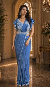 ส่าหรีสีน้ำเงินพร้อมสวมใส่ พร้อมเสื้อปักลายขนาด M และเข็มขัด ชุดงานแต่งงานอินเดียสุดหรูสำหรับผู้หญิง - Product Image 4