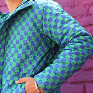 Men's Blue Green Plaid Hooded Puffer Jacket Windproof Casual Winter Outerwear Regular Fit Zipper Closure Polyester Shell - Product Image 2
