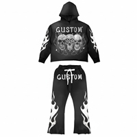 Ensemble de survêtement gothique à motif crâne et flammes, comprenant un sweat à capuche court et un pantalon évasé, tenue deux pièces graphique streetwear pour femme