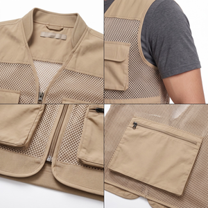 Men's Plain Dyed Sleeveless Stand Collar <b>Utility</b> <b>Vest</b> with Front Zip Closure and Mesh Panel - Product Image 4