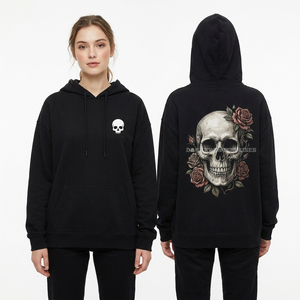 Sudadera con capucha negra de peso pesado personalizada con lavado mineral, diseño gráfico de calavera de dinosaurio prehistórico y efecto de goteo de alquitrán líquido, de fábrica - Product Image 3
